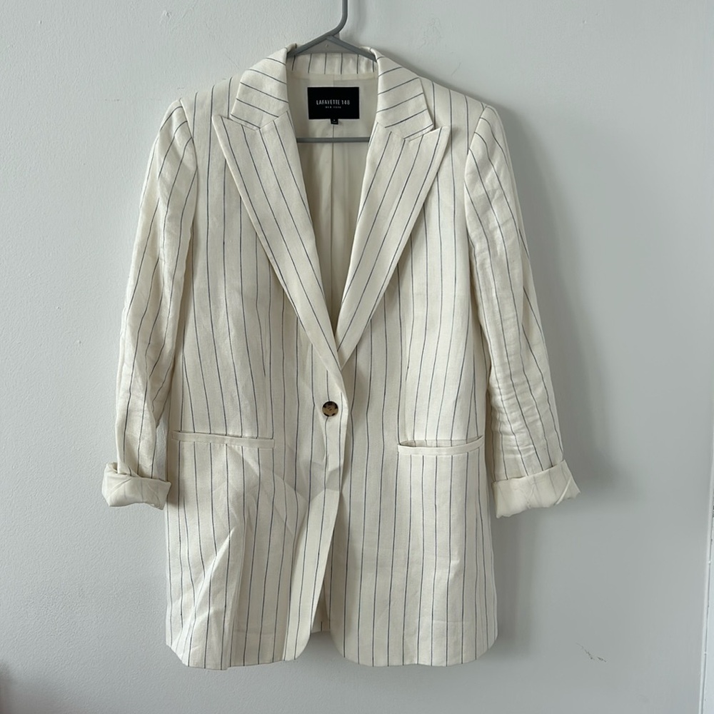 LAFAYETTE 148 One Button Textured Linen Striped Print Blazer Coat Size 8